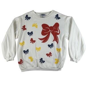 Vintage Bridge Gate Sweater Womens Large White Bow Graphic Fleece Pullover 80s